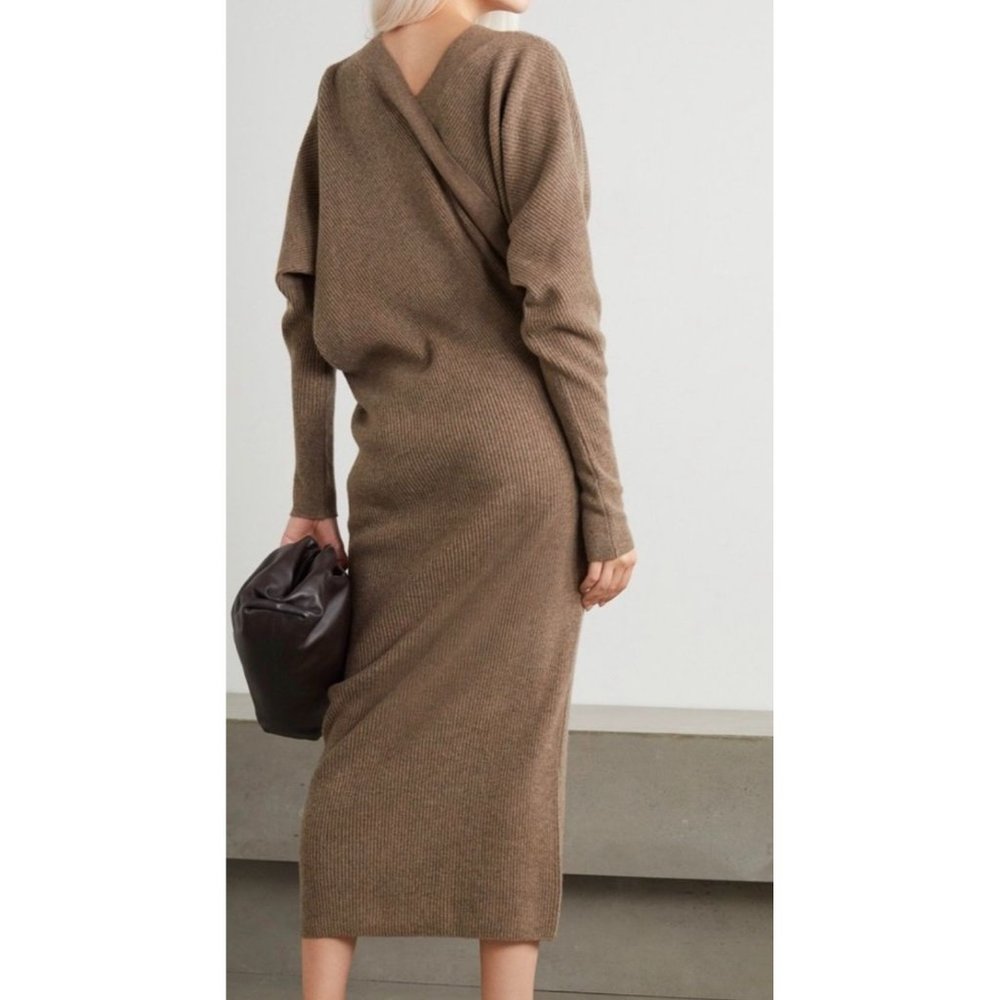 LVIR Unbalance Ribbed Knit Wool Cashmere V-Neck Midi Dress Women's Size Medium - Picture 4 of 15
